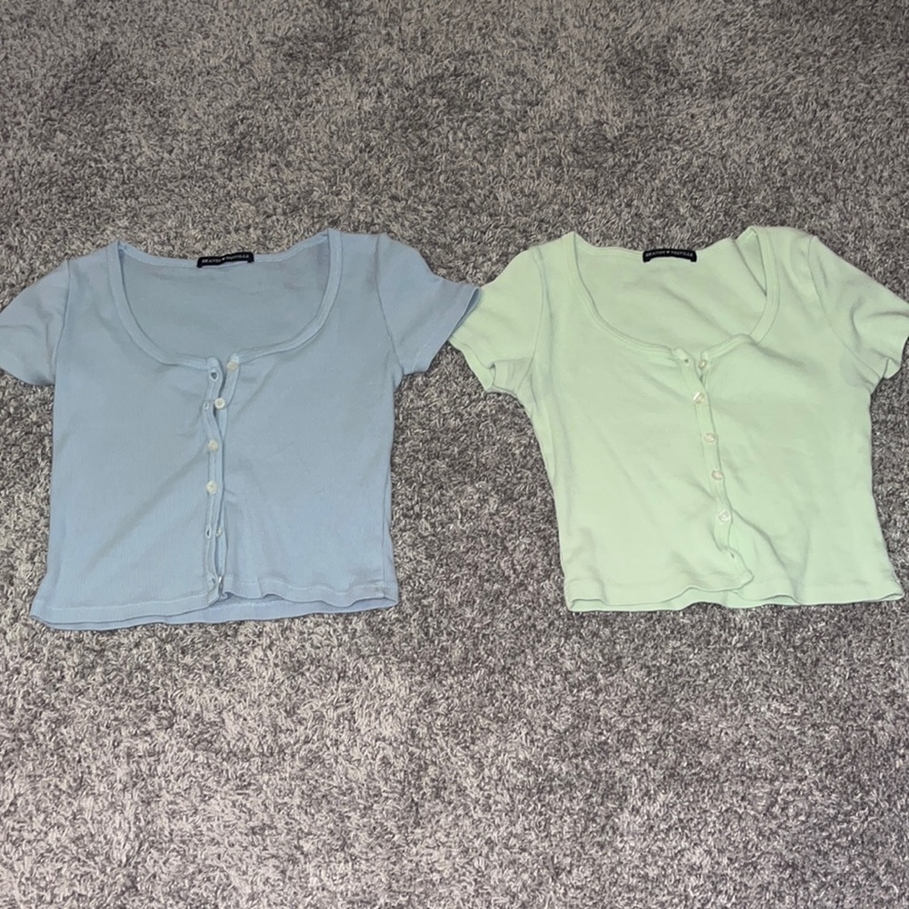 2 brandy melville cropped shirts blue and green